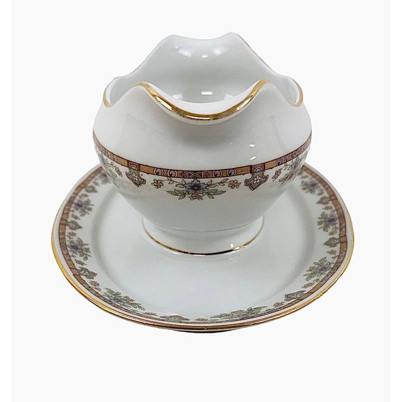 Royal Beyreuth Gravy Boat Bavaria Porcelain Gold Trim Floral Attached Underplate - Picture 9 of 9